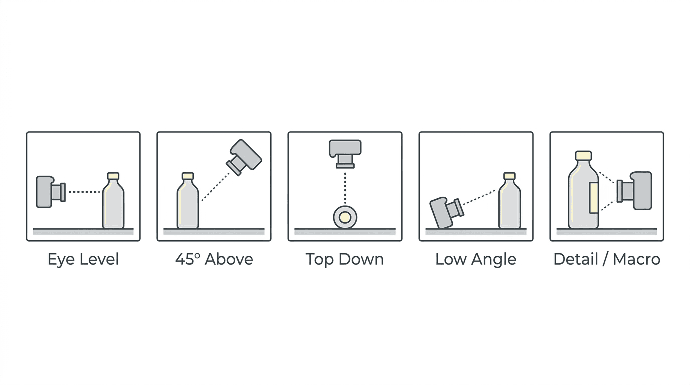 Diagram showing five standard product photography camera angles: eye level, 45 degrees above, top down, low angle, and detail macro