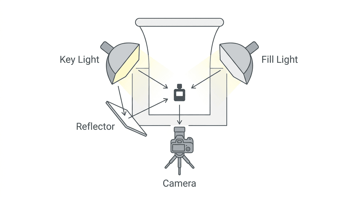 Technical diagram showing a two-light product photography setup with key light, fill light, reflector and camera position
