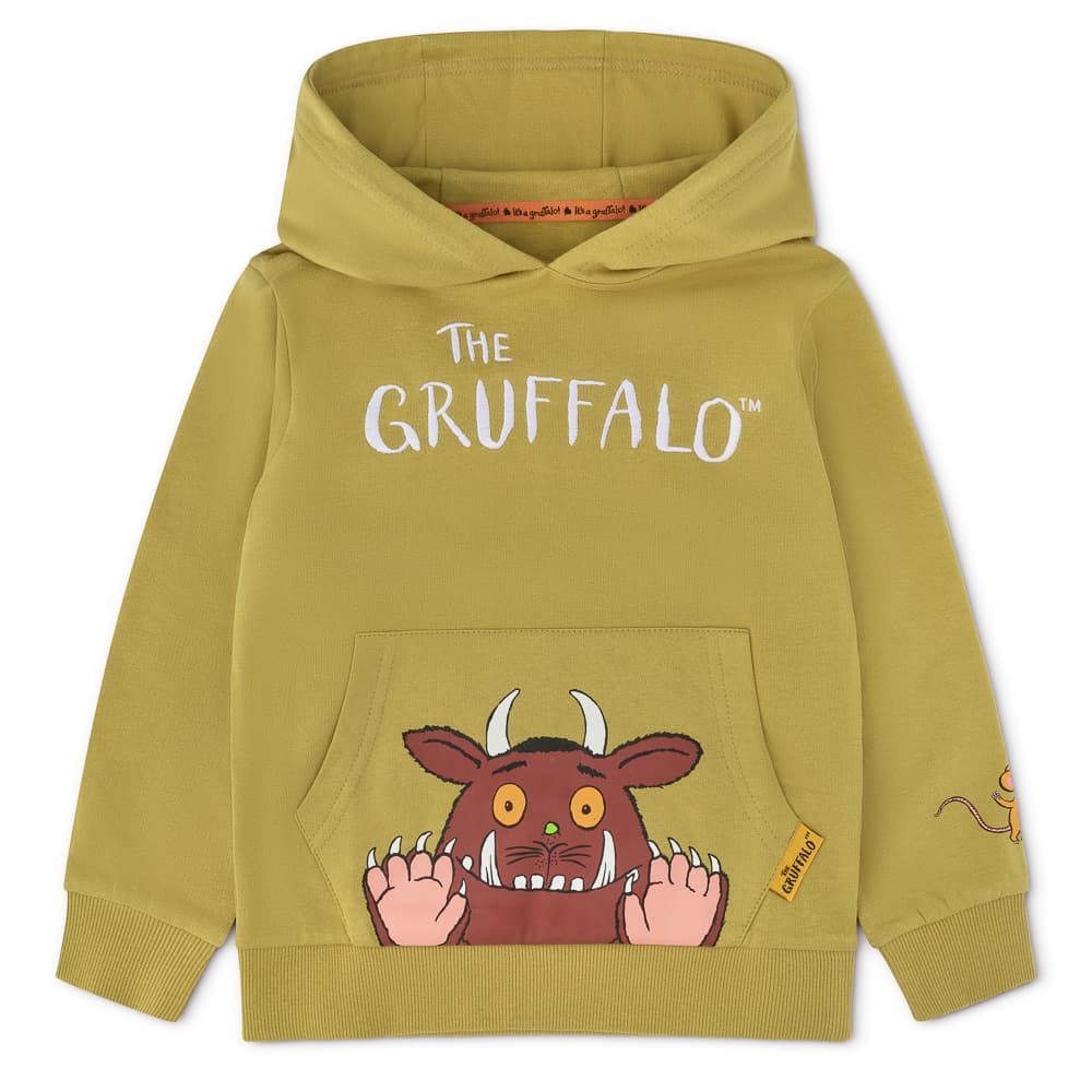 Olive green Gruffalo hoodie photographed on white, showing its hood, sleeves, pocket and printed characters