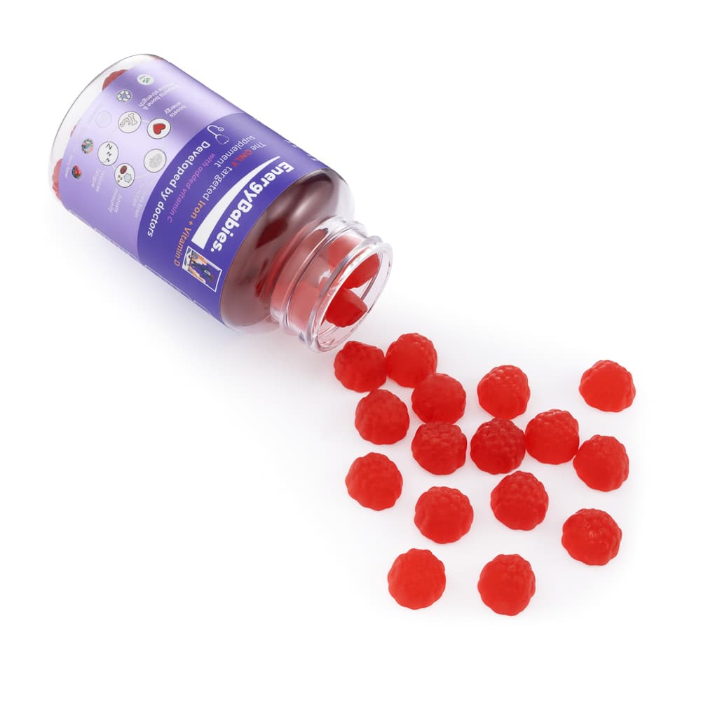 Styled health product packshot - gummies spill photography UK