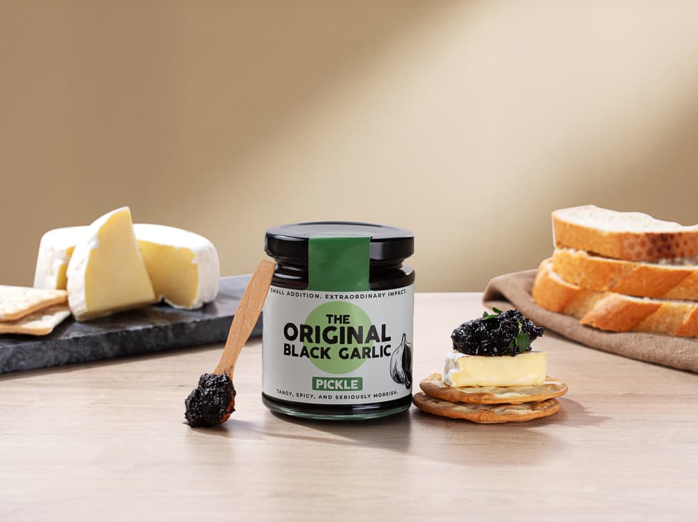 Black garlic pickle product photography - food packaging UK