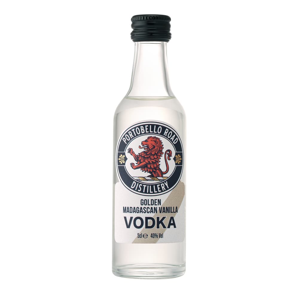 Mini vanilla vodka bottle photography - professional drinks product imagery UK