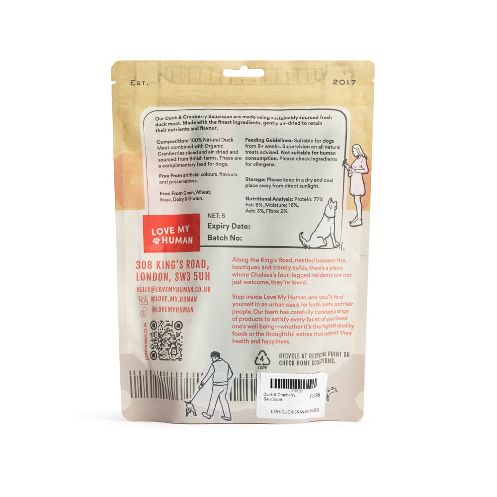 Duck cranberry saucisson pet treat packshot - professional pet product photography UK