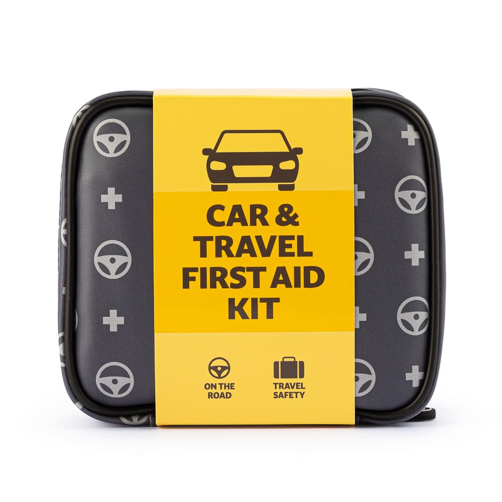 Car travel first aid kit packshot showing contents