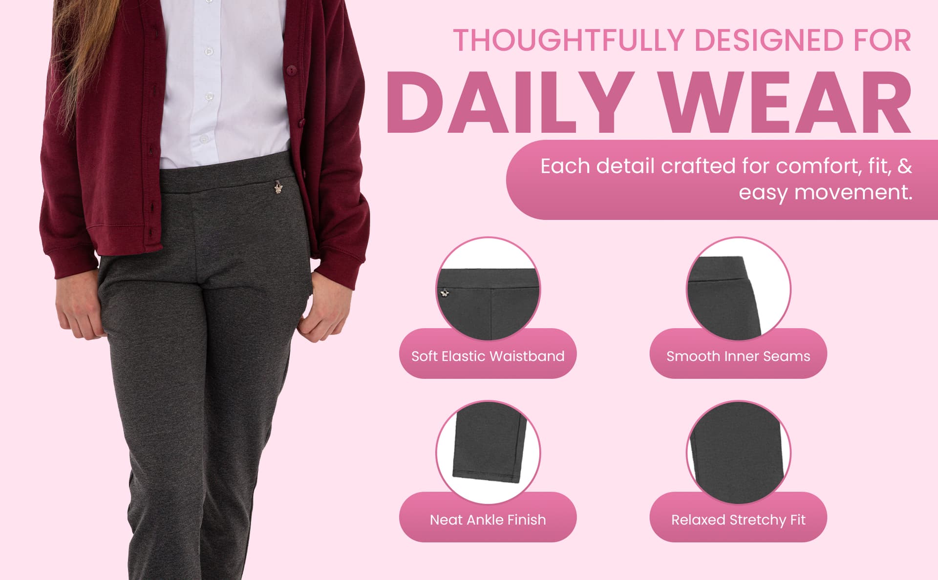 A+ Content lifestyle section showing school clothing styled in context