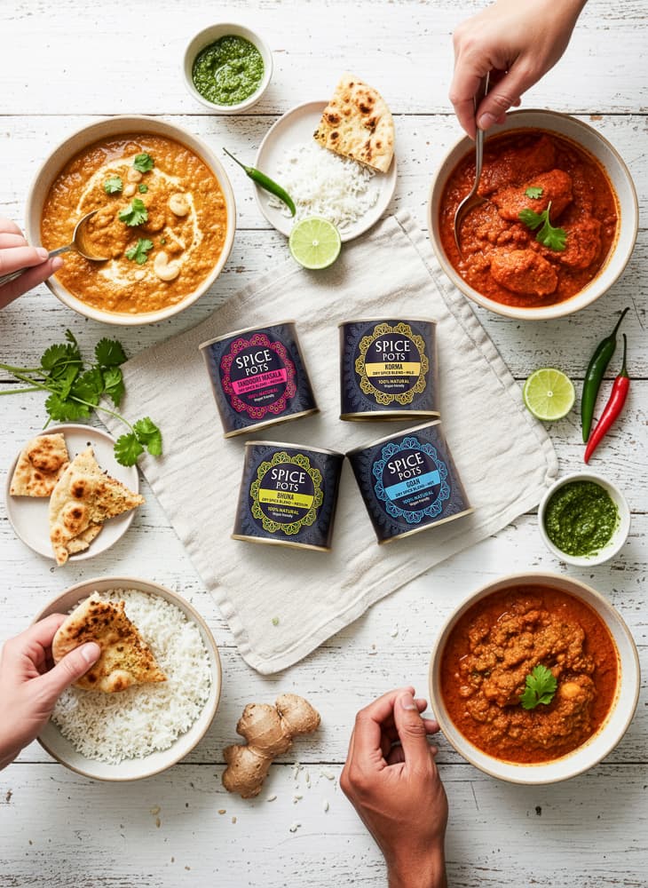 Spice pots in kitchen scene digital composite - product in context photography UK