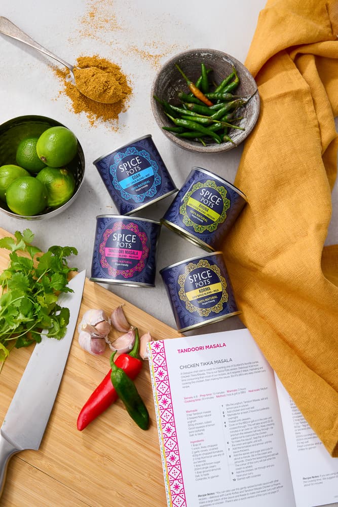 Spice pots kitchen scene digital composite - product in context photography UK