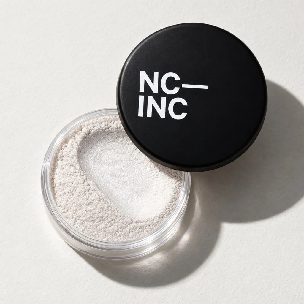 AI-created NC INC powder highlighter with a black lid, powder texture and directional shadows