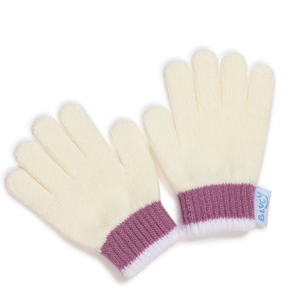 Close-up of the matching gloves showing their knit, cuffs and label