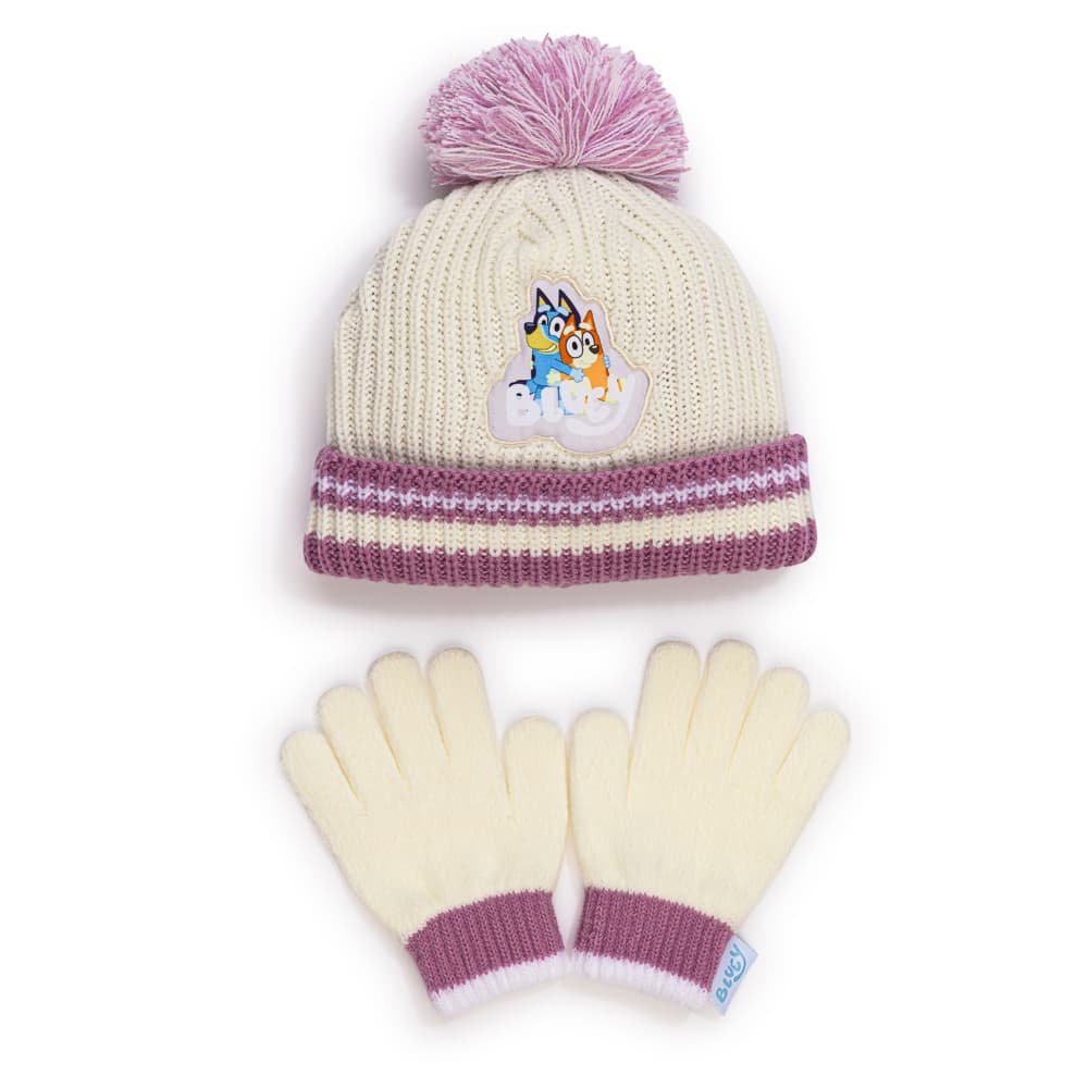 Bluey hat and matching gloves photographed on white for Characterville