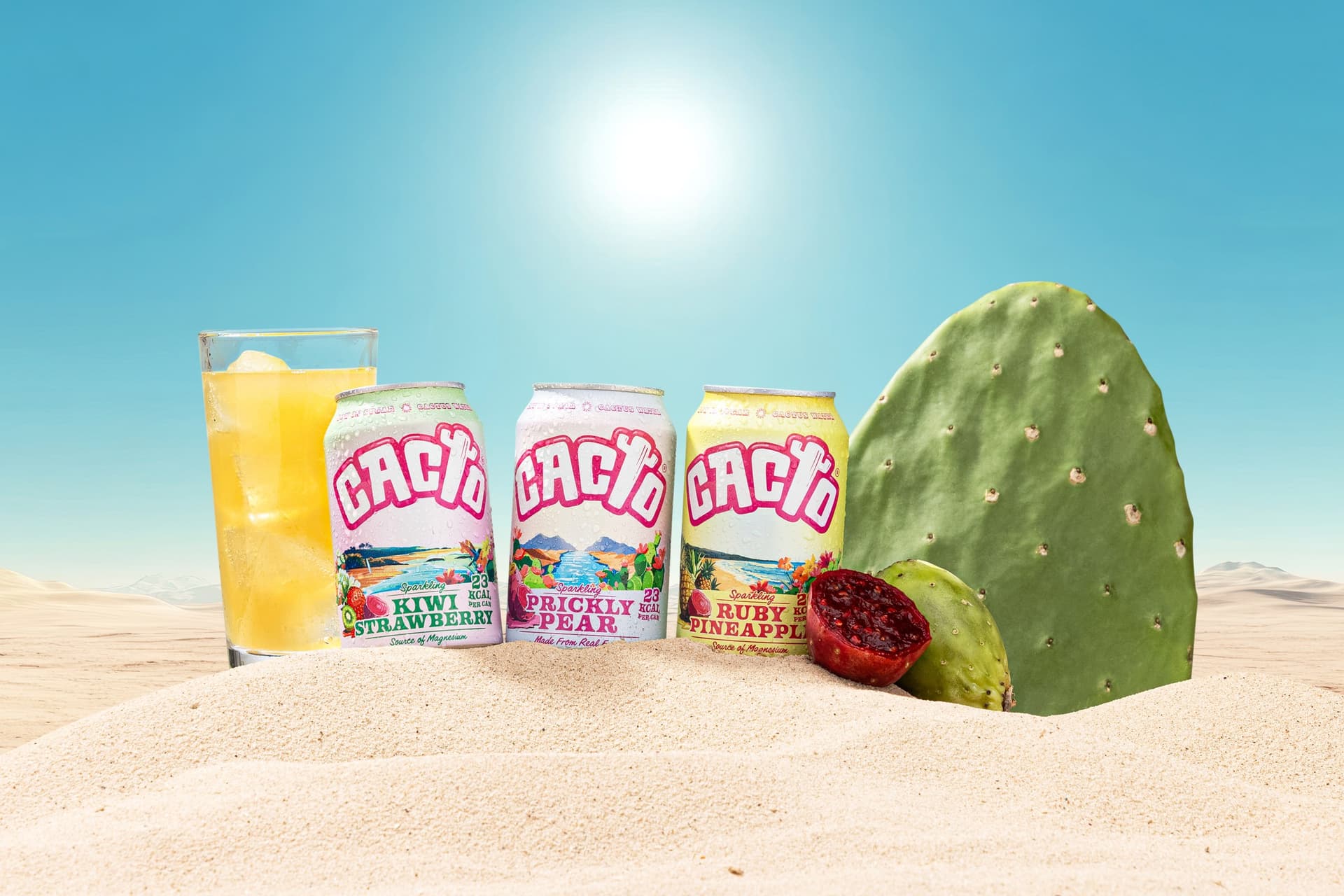 Cactus sparkling drink cans in a desert lifestyle hero shot. Branded storytelling product photography that anchors a brand.