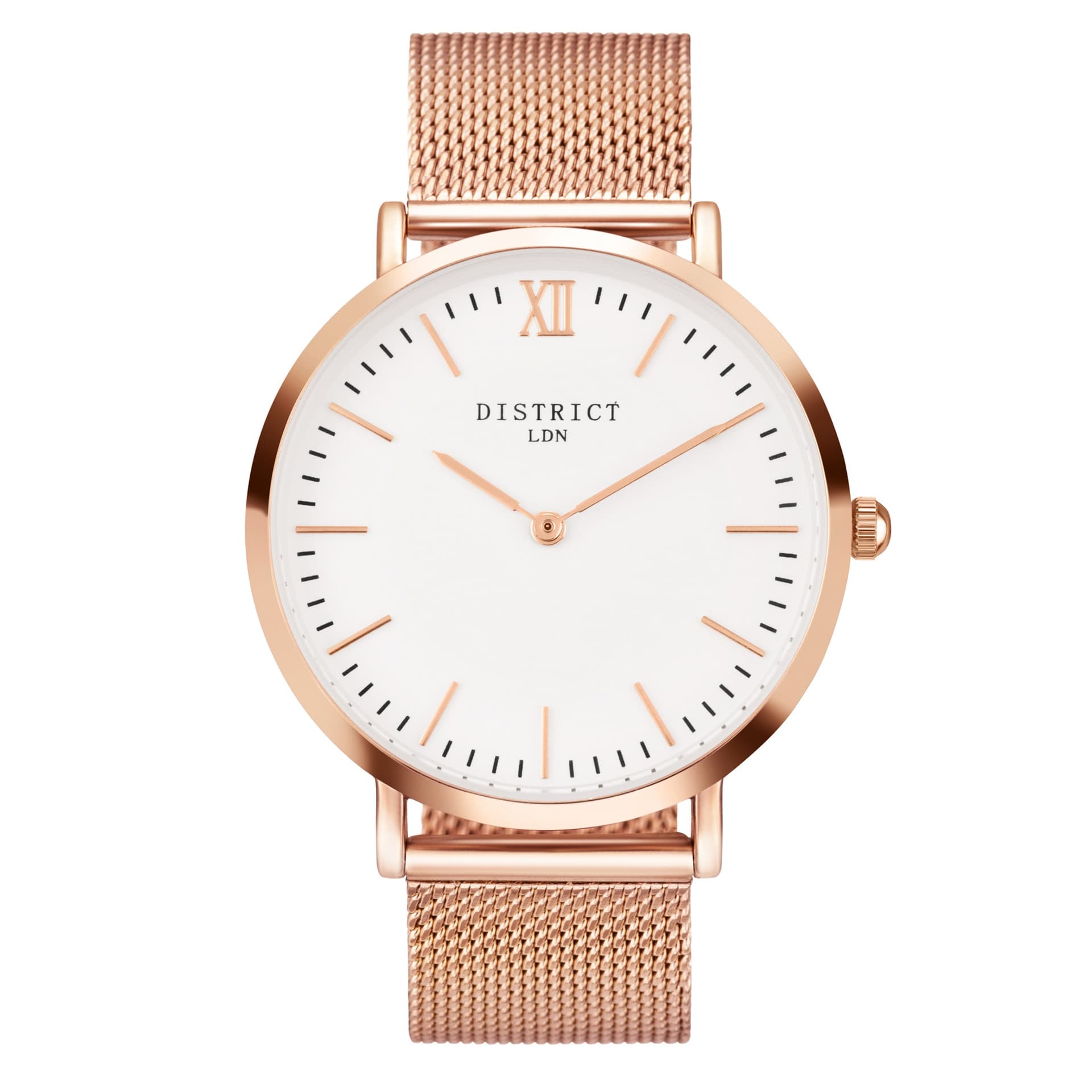 Rose gold mesh strap watch packshot on white - watch photography UK