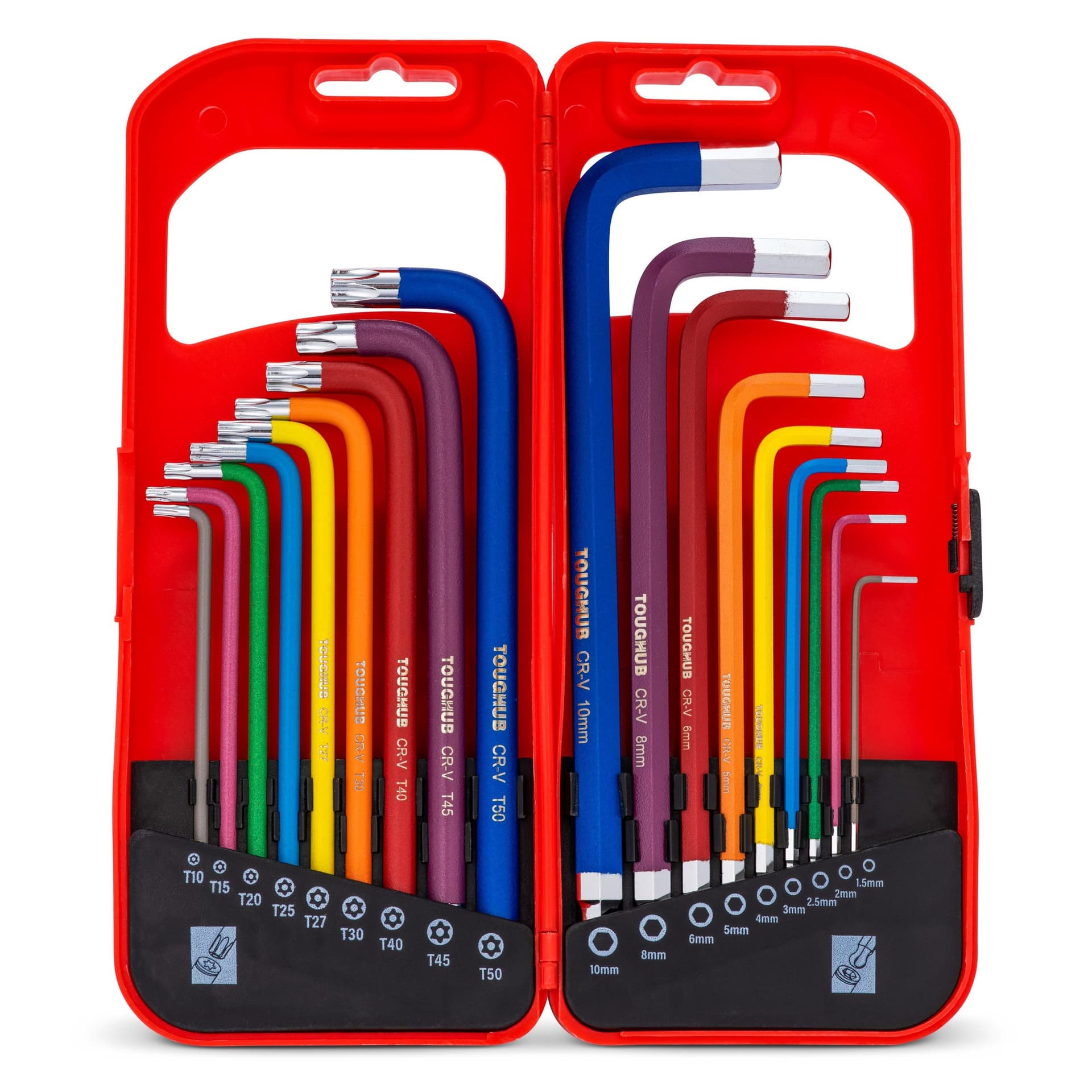 Colourful allen key torx set in red case packshot - hardware photography UK