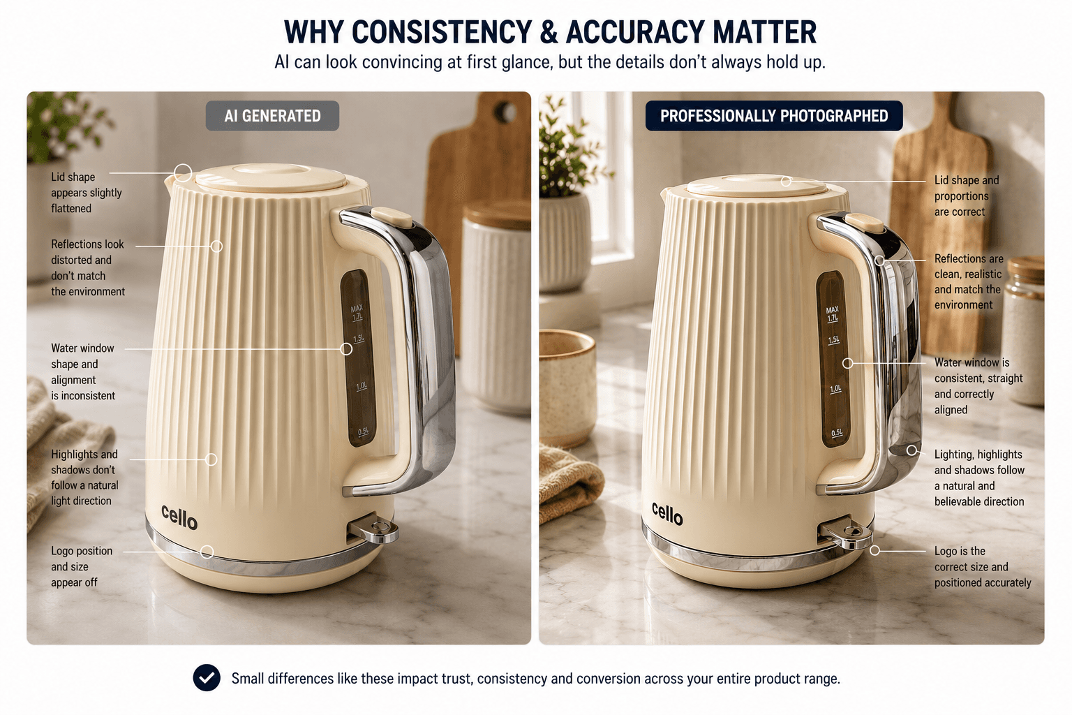 Side-by-side comparison of an AI-generated cream kettle image versus the PMP studio version