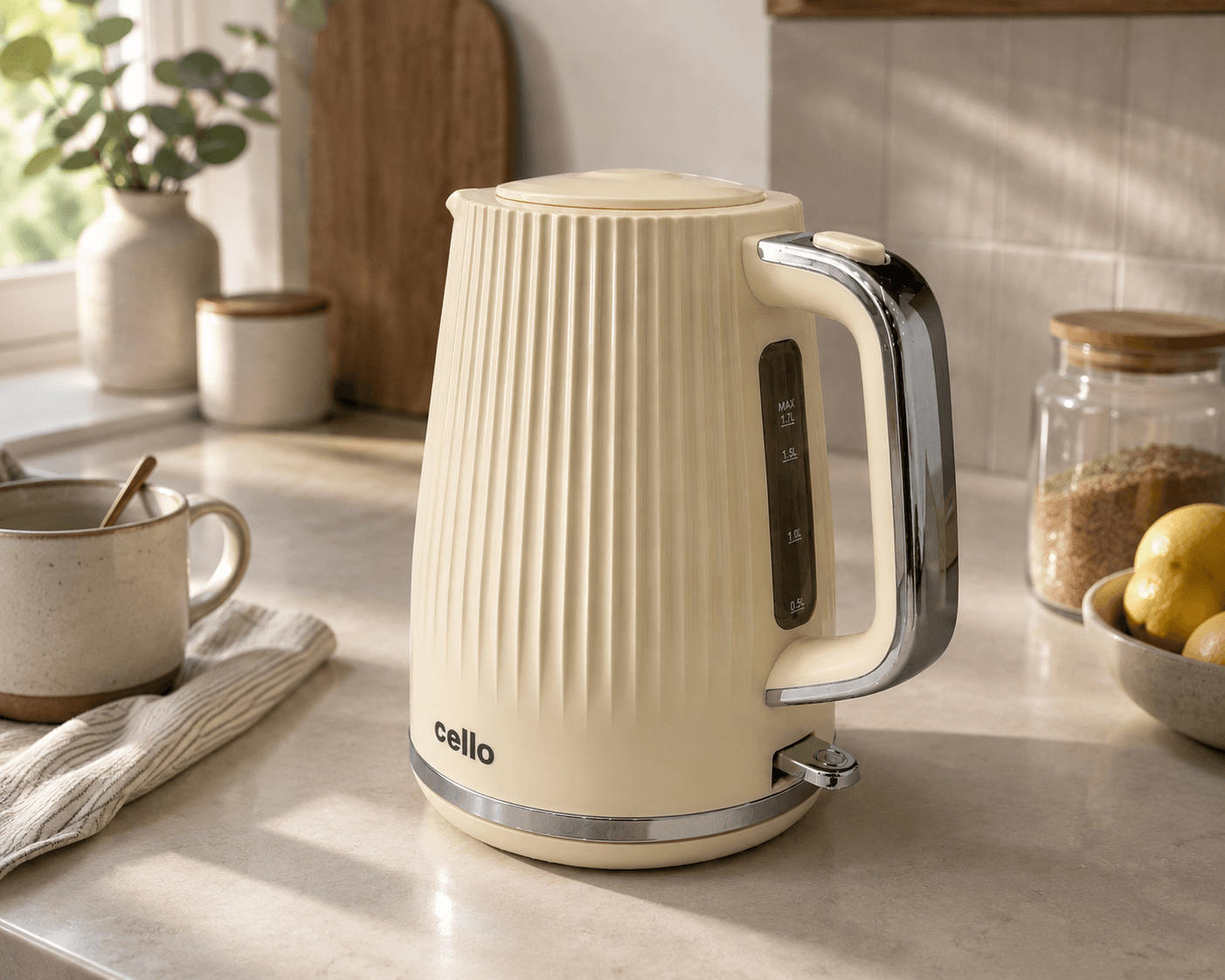 AI-generated lifestyle scene built from a phone photo of the cream kettle