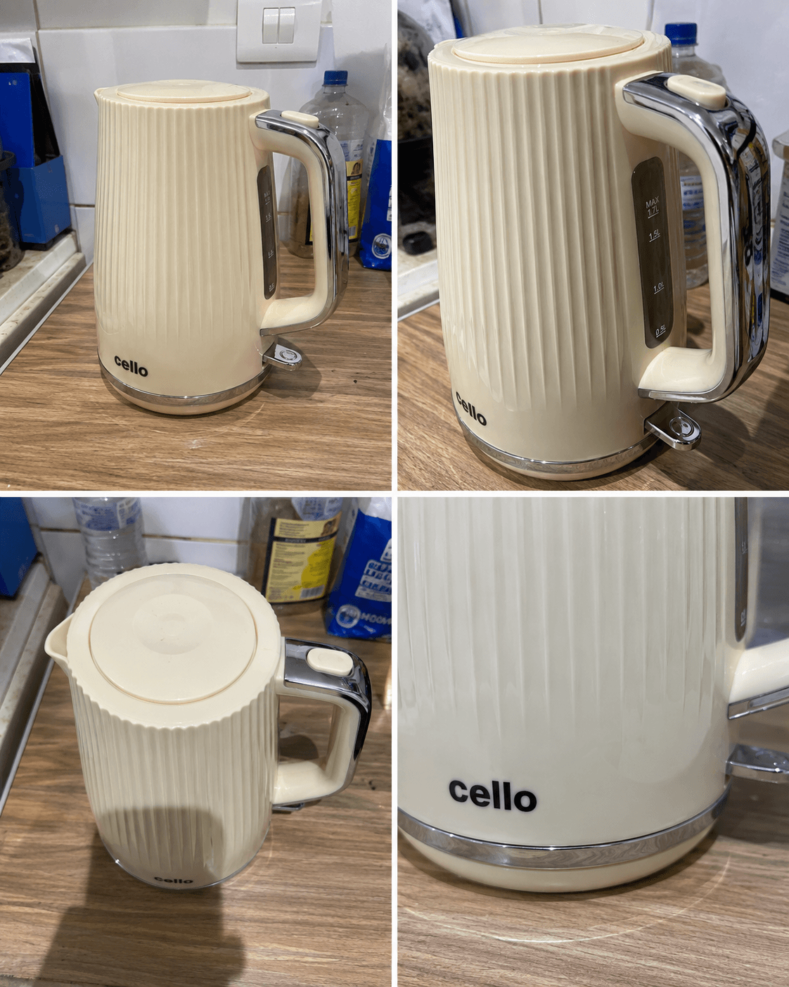 iPhone photo of a cream kettle taken on a kitchen worktop in available light