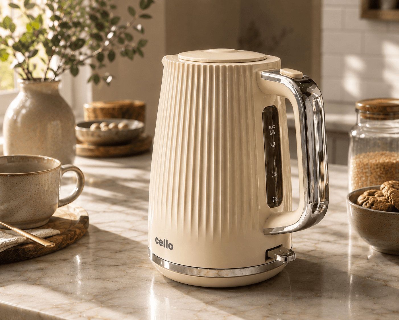 PMP hybrid lifestyle image of the cream kettle combining real studio photography with AI and DCL scene building